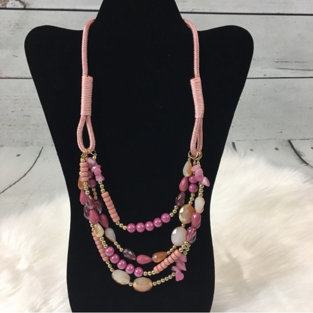 Pink Rope Multi Strand Layered Statement Necklace Gold Tone Beads Boho Chic